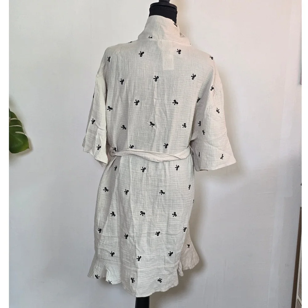 Embroidered Cotton Kimono Robe M/L Cream Black Bows vacation minimalist boho